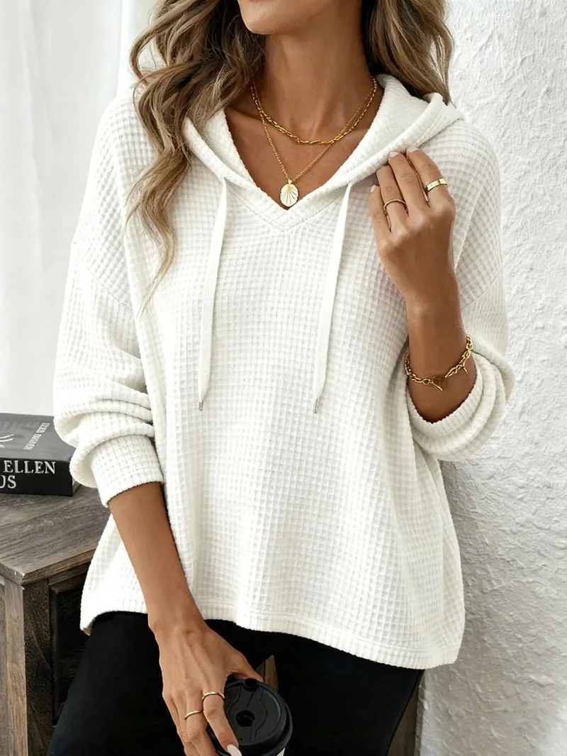 Women's New V Neck Henley Hooded Pullover Sweatshirt Drawstring Long Sleeve Loose Fit Trendy Casual Office Daily Wear Hoodie Top