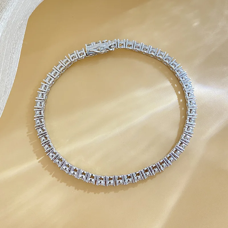 New S925 Box Clasp Tennis Bracelet Mossanite Bracelet with 3mm & 4mm Diamonds Unique Niche Hip-Hop Style Rhinestone Chain Fashio