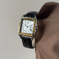 Montre à quartz pour homme avec chiffres romains carrés, boîtier en acier inoxydable de luxe, bracelet en cuir noir, montre-bracelet de style automatique, étanche, montre de cérémonie, affichage de la date, montre élégante, adaptée à un usage quotidien décontracté et formel pour les hommes. 2
