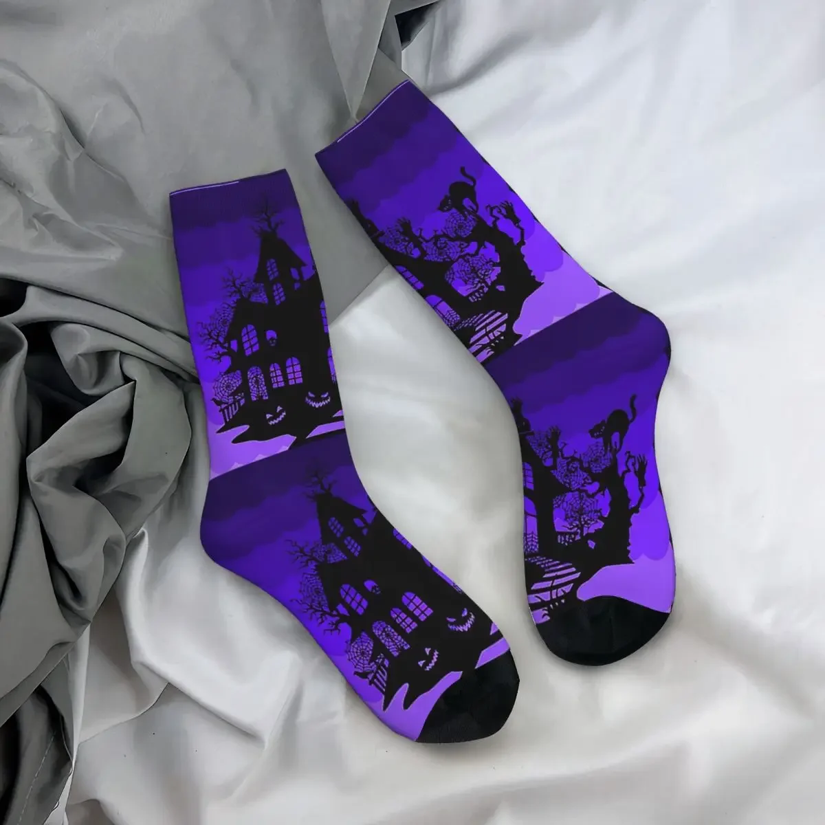 Spooky Haunted House สีม่วง Sunset ถุงเท้า Harajuku ถุงน่อง All Season ถุงเท้ายาวอุปกรณ์เสริมสําหรับ Unisex คริสต...