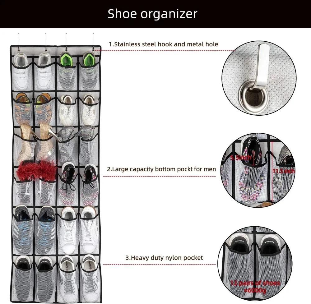 Over Door Shoe Organizer with 24 Mesh Pockets, Hanging Shoe Rack for Closet, Bathroom, Dorm, Adjustable Hooks, White view 4