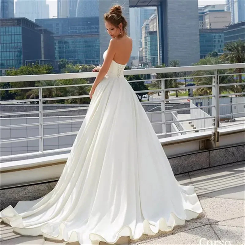 A-Line Floor Length Attached Angel Satin Wedding Party Dress Women's White Bridal Gown Vestidos