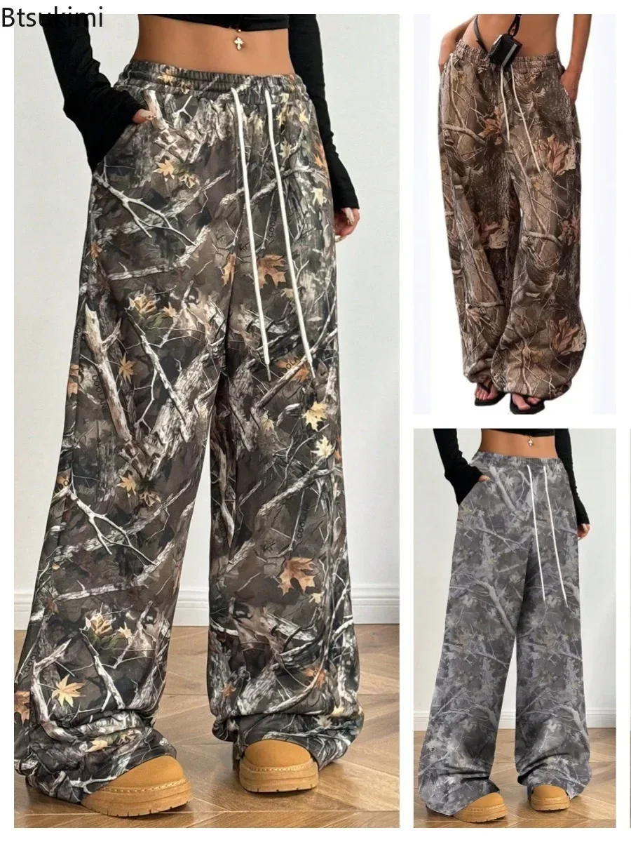 Women Wide Leg Printed Pants Lightweight Elastic Waist Camouflage Print Loose Pants Retro Street Wear Casual Comfortable Trouser