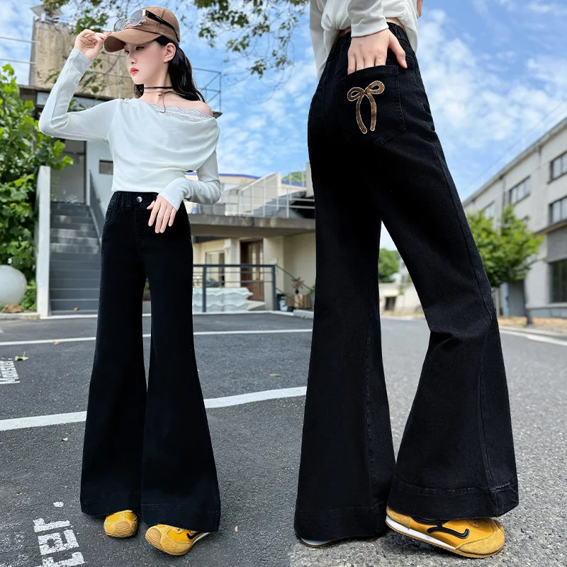 

Girls Flared Jeans Spring Autumn Children Denim Pants with Bow Embroidered Kids High Waist Slimming Floor-Length Trousers