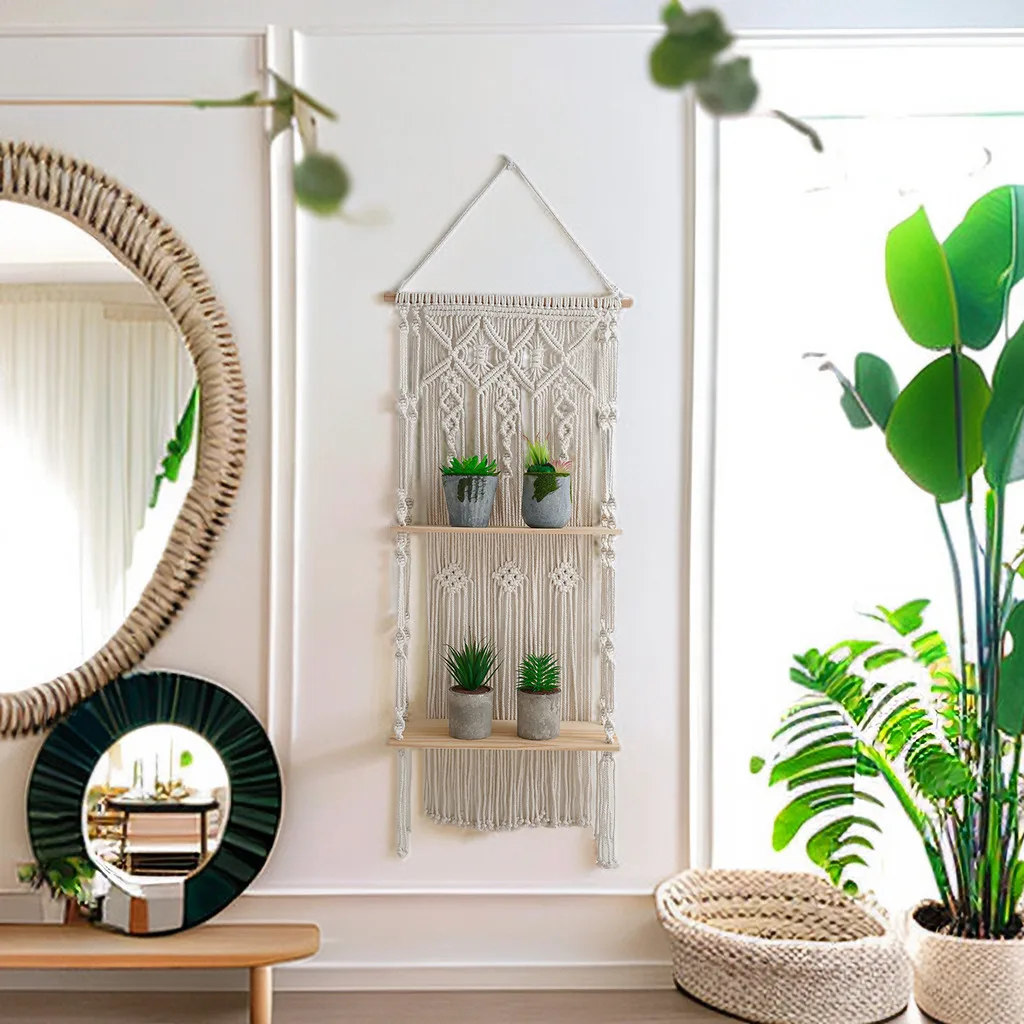 Nordic Style Ins, Bohemian Handwoven Thread, Bedside Tapestry, Bedroom Wall with Two Layers of Shelves and Storage Racks