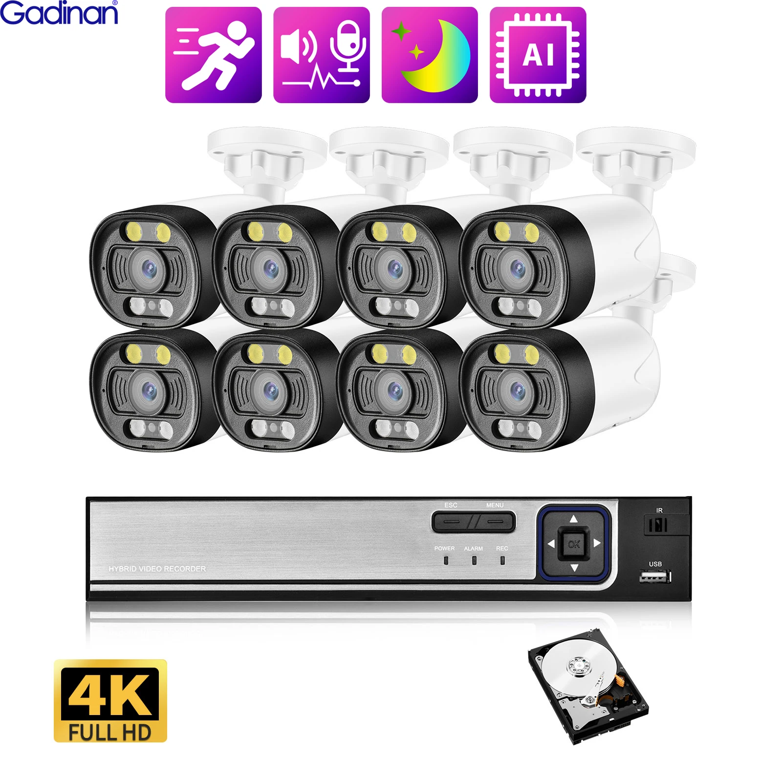 

Gadinan Ultra HD 4K Security Camera System Two-way Audio 8CH NVR POE AI Cam 5MP 8MP Outdoor Color Night Video Surveillance Set