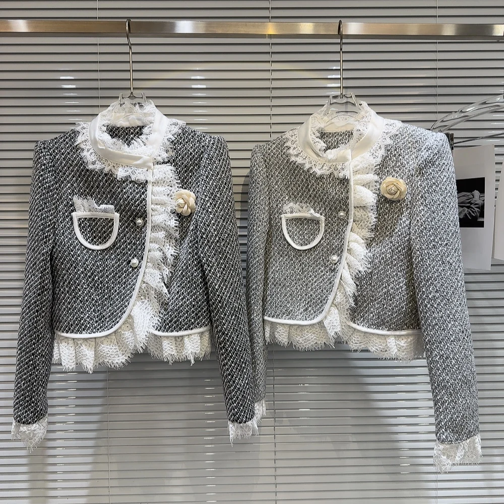 

Faionable ort Outerwear Ele Ladylike Bouclé Piower Lace Trimed Autumn New Arrival from China Straight Cut Full Sve