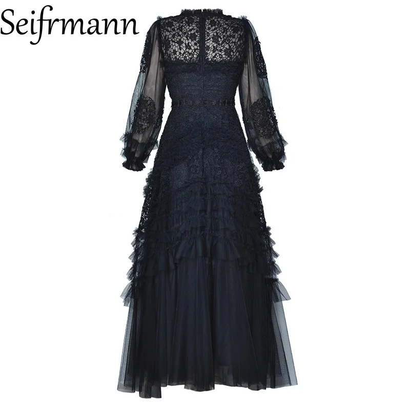 Seifrmann 2026 Frühling frauen Neue Mode Rundhals Laterne Langarm Spleißen Mesh Wasserlösliche Blume Taille Kleid