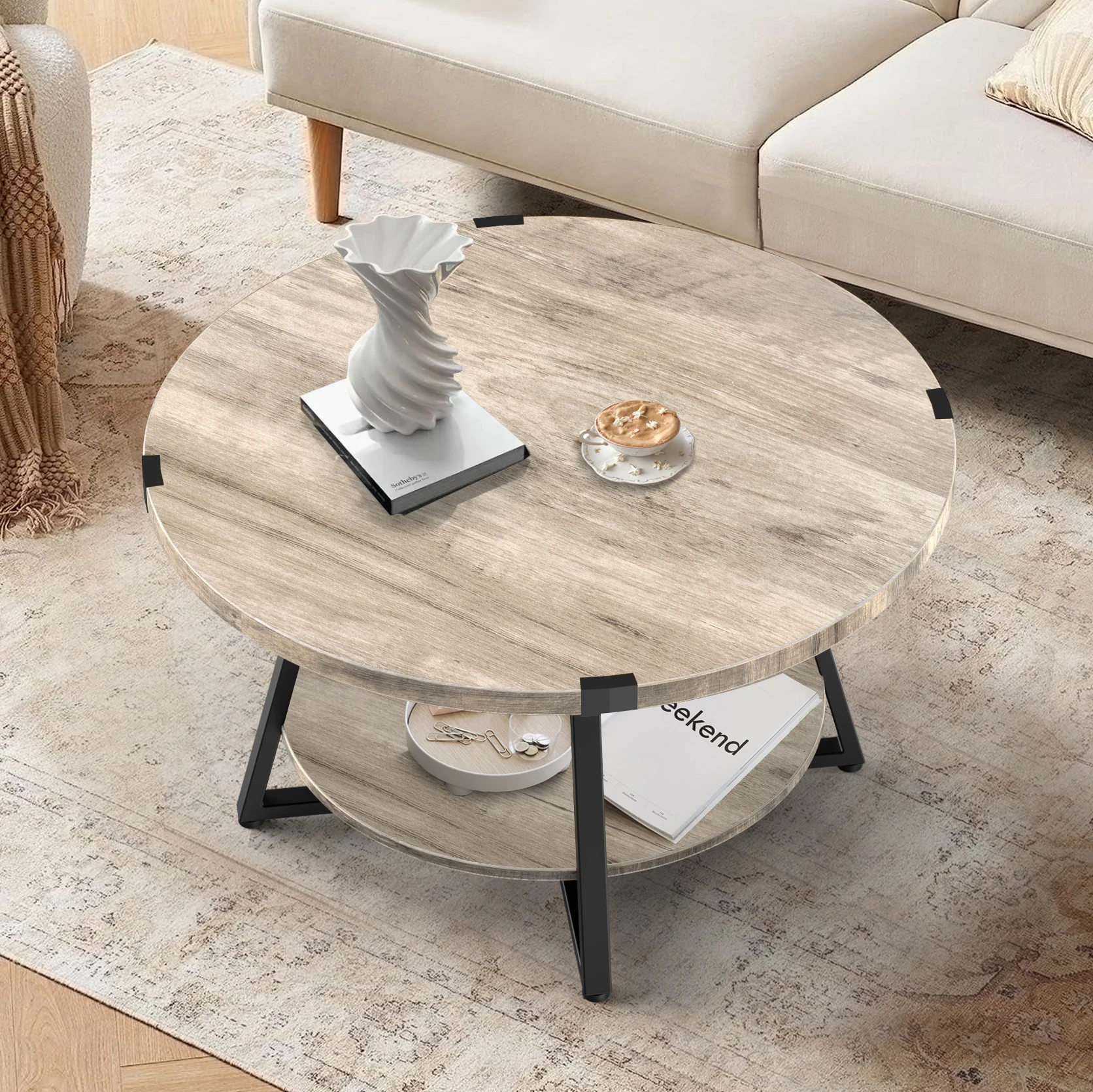 Round Coffee Table with 2-Tier Storage Shelves