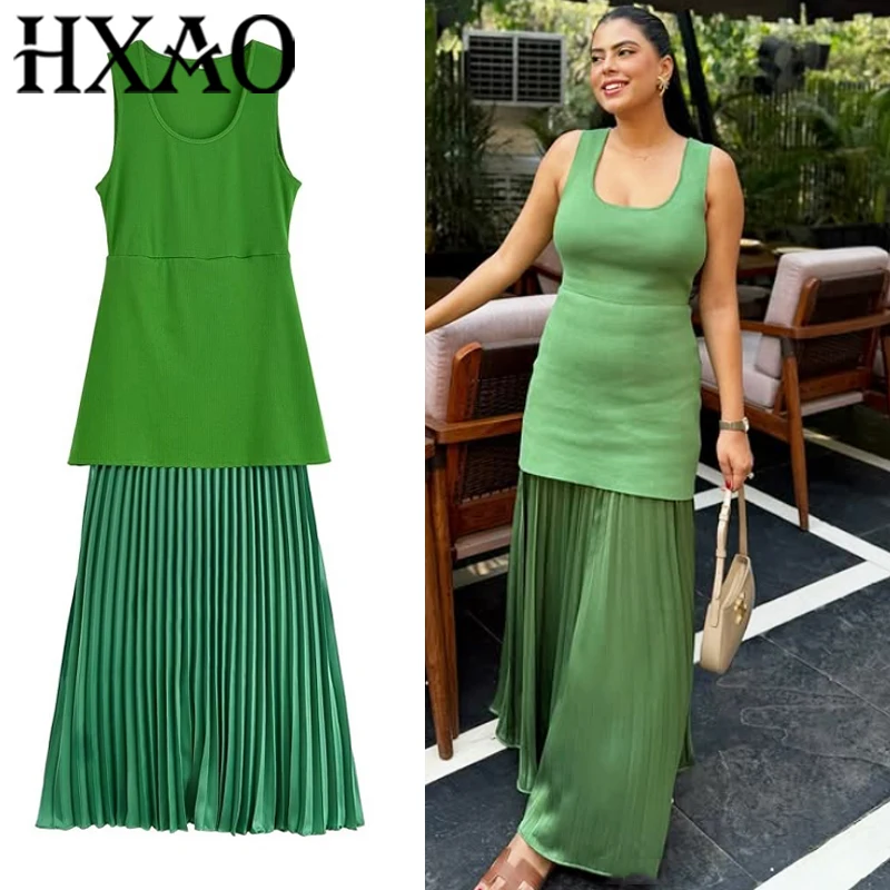 HXAO Abiti in maglia senza maniche Abiti eleganti da donna verdi Abito lungo a pieghe estivo Abito lungo da donna con patchwork
