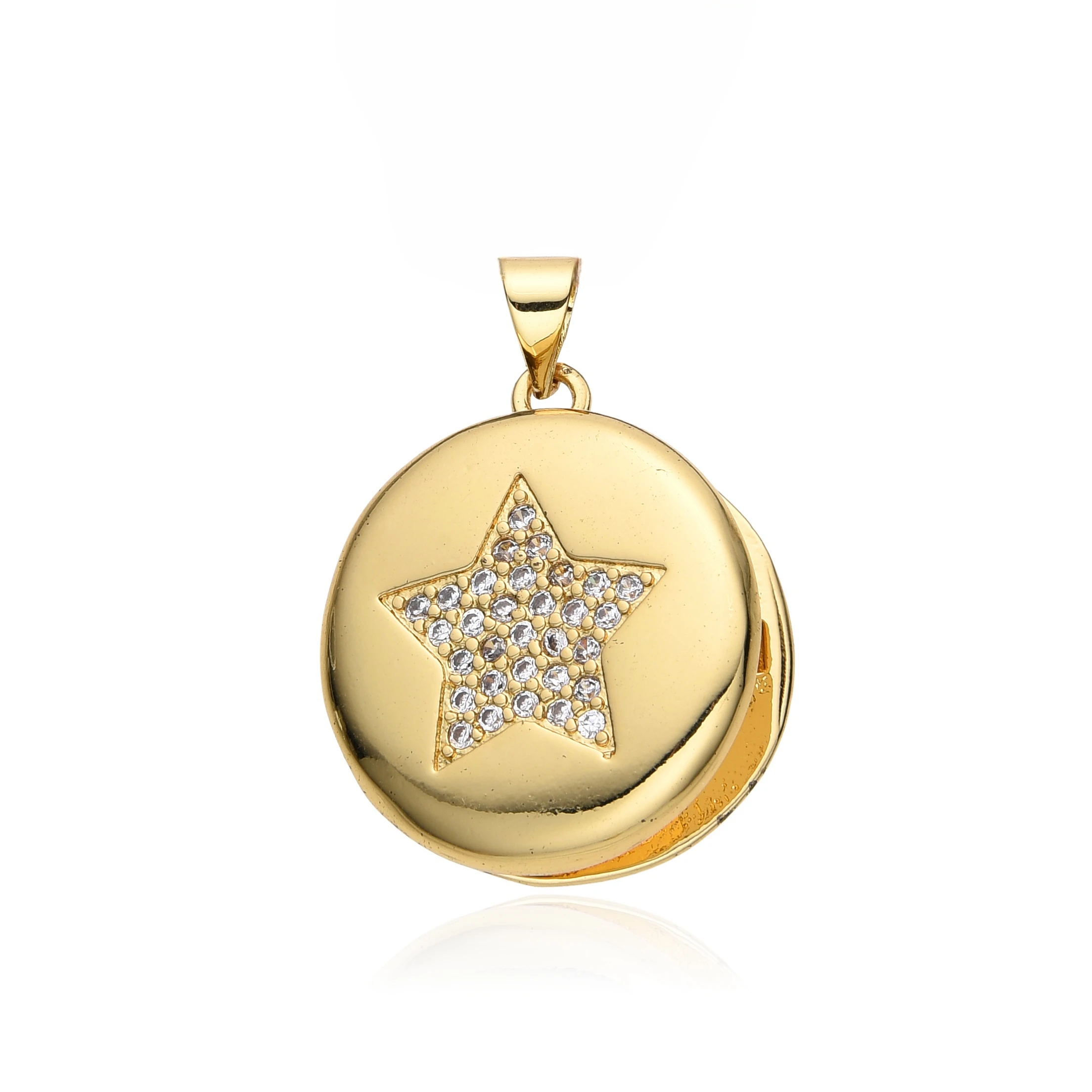 Gold Plated Circle Open Closed Photo Box Charms with Zirconia Paved Heart Moon Star Necklace Celestial Pendant for Mom and Women