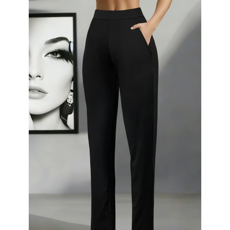 2025 Pantaloni a matita alla moda da donna Pantaloni da festa da ufficio neri solidi dimagranti traspiranti a vita regolare