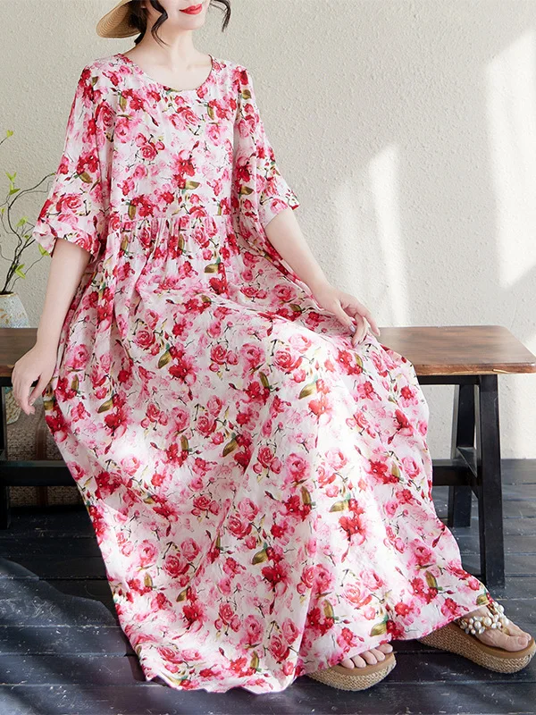 

n Хлопково-льняное длинное платье круглого цвета Ne ort Sve Floral Simple n Женское платье большого размера Летнее повседневное высокое платье...
