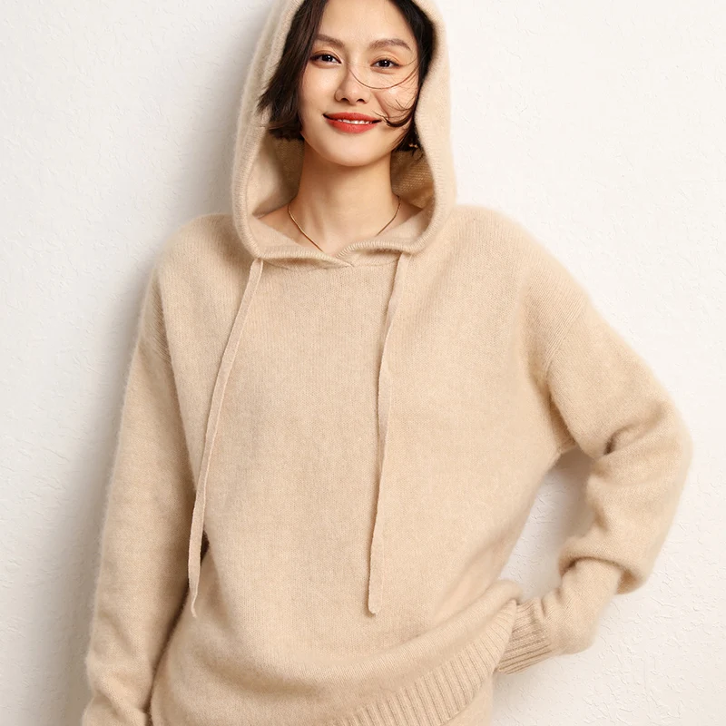 

High-end 2023 Autumn/Winter Women's 100% Pure Cashmere Sweater Knitted Hooded Jumper Coat Lady's Thicken Pullovers Warm Tops