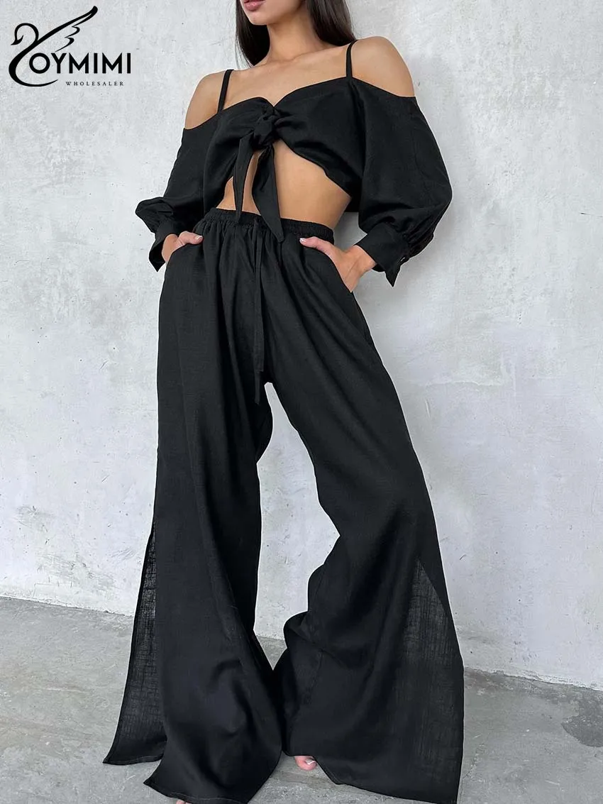 

Oymimi Casual Black Cotton Two Piece Set For Women Fashion Spaghetti Strap Long Sleeve Crop Tops And Solid Side Slit Pants Sets