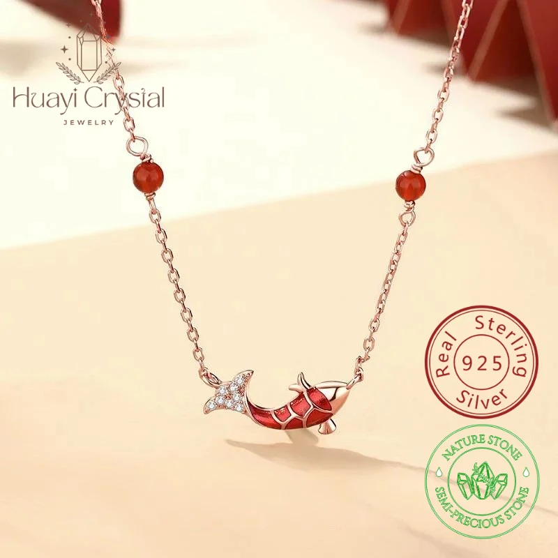 

Sterling silver s925 good luck koi red agate necklace female small new Chinese national fashion New Year gift