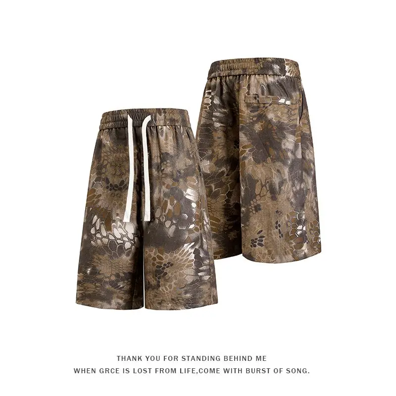 

Мужские спортивные брюки со змеиной текстурой кожи, летние тонкие модные повседневные свободные прямые брюки длиной пять четвертей из смеси хлопка из полиэстера