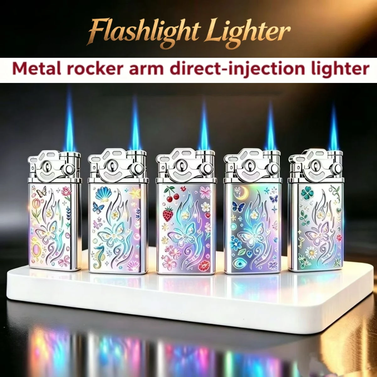 2026 New Butterfly & Floral Embossed Lighter, Metal Rocker Arm Jet Torch, Windproof Blue Flame Refillable Lighter with LED Light