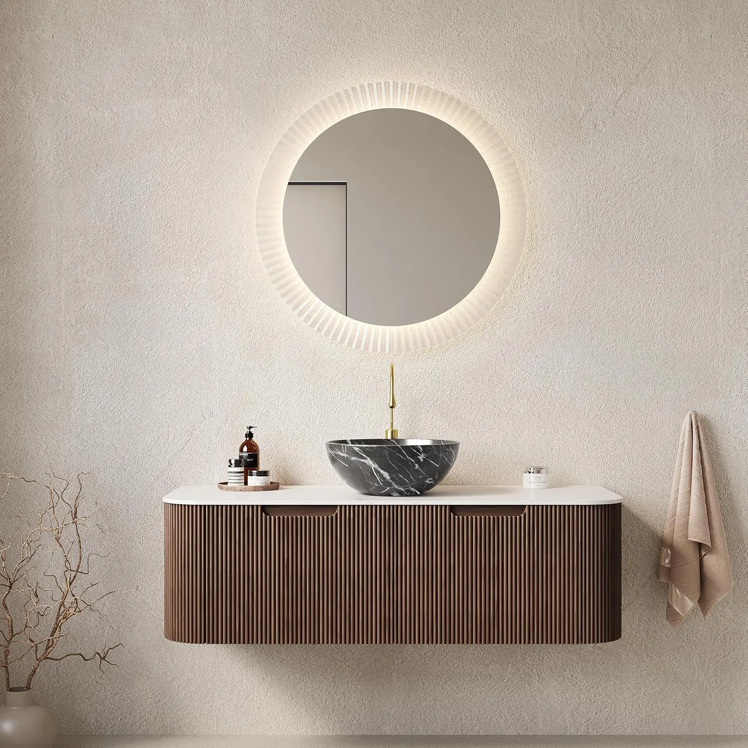 

48in Floating Bathroom Vanity with Sink Combo Oak Plywood Soft-Close 2 Drawer Black Ceramic Basin Wall Mounted Customized