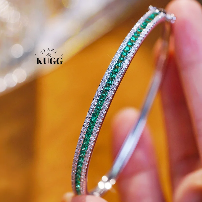 KUGG 100% 18K White Gold Bangle Real Natural Diamond Natural Emerald Bangle for Women Luxury Classic Design Engagement Jewelry