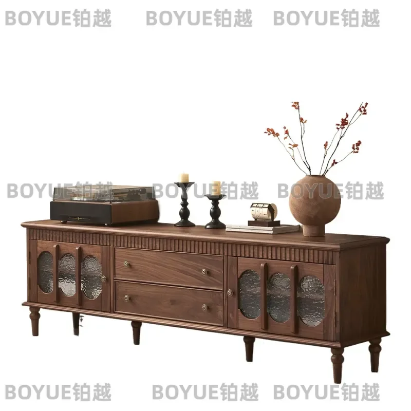 French Retro Black Walnut TV Stand Solid Wood Media Console Storage Cabinet for Small Apartment Living Room Floor Unit