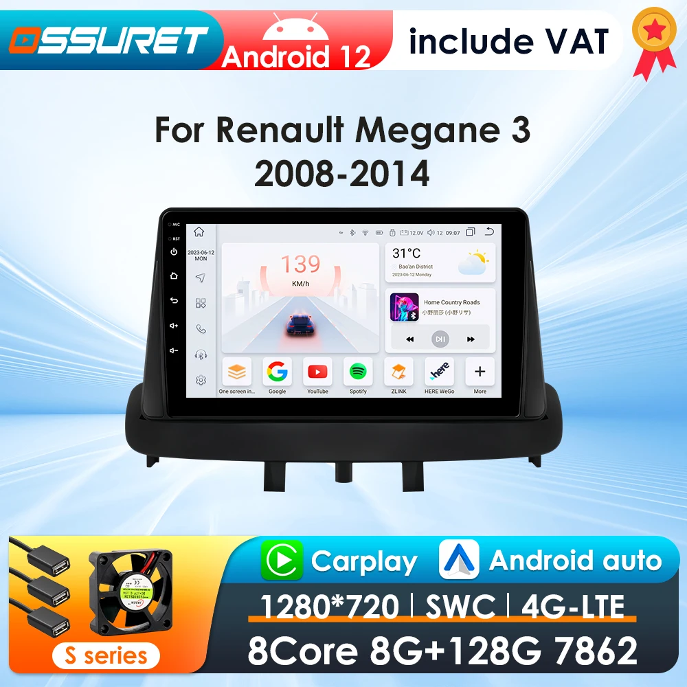 OSSURET CarPlay Android Auto Car Radio For Renault Megane 3 2008-2014 Car Multimedia Player Navi GPS 2din 4G autoradio RDS