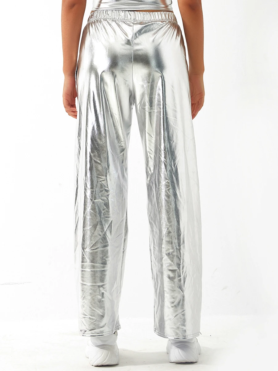 Shiny Silver Leggings High Waisted Sparkly Tights with Side Pockets Fashionable Metallic Pants for Women Street Style