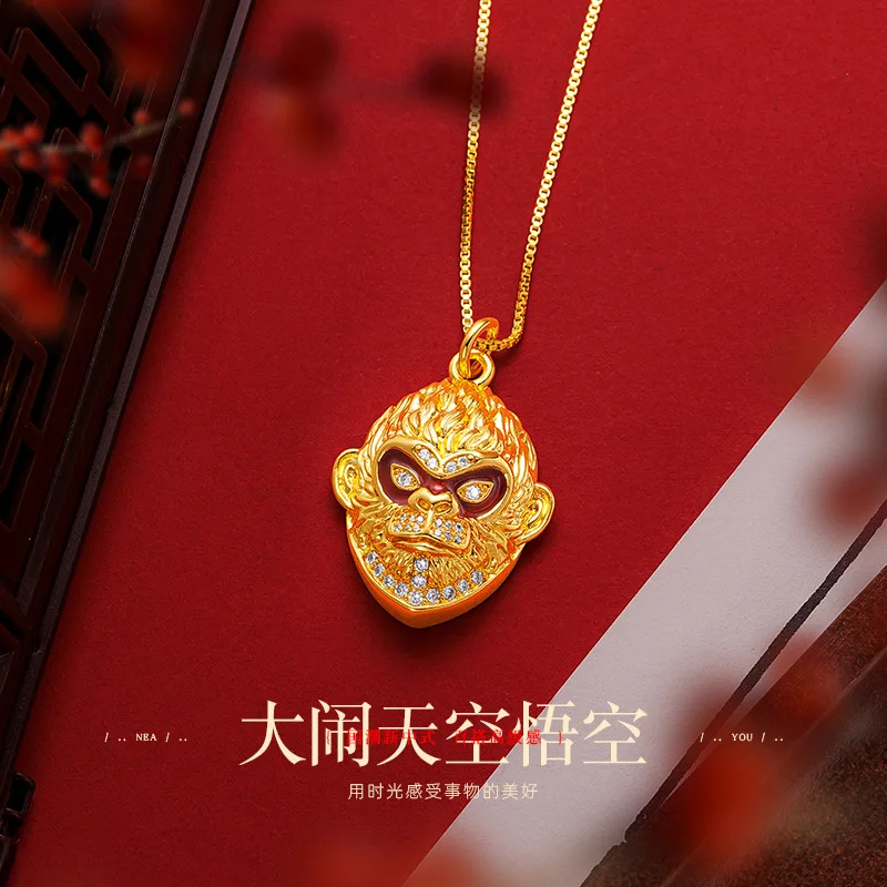 

9999 24K real gold Black Mythical Goku necklace pendant with domineering full diamond enamel color necklace