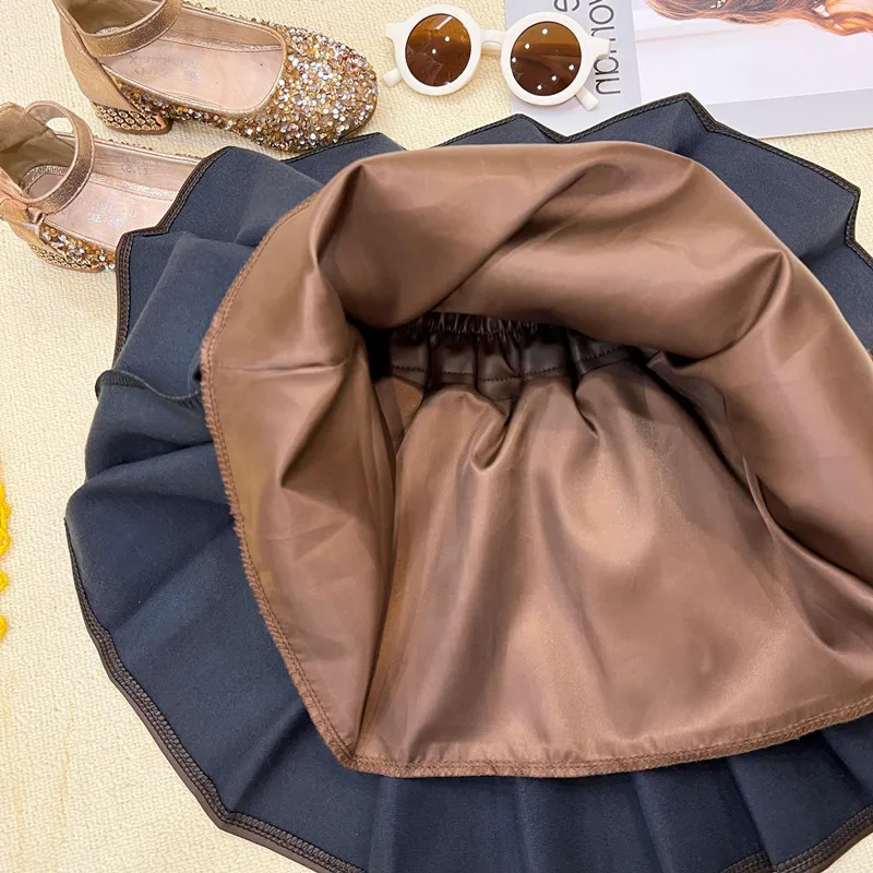 2024 Spring Autumn Toddler Dress Fashion Kids Girl Brown/Black Faux Leather Skirts High Quality Pleated PU Skirt For 2-8 Years