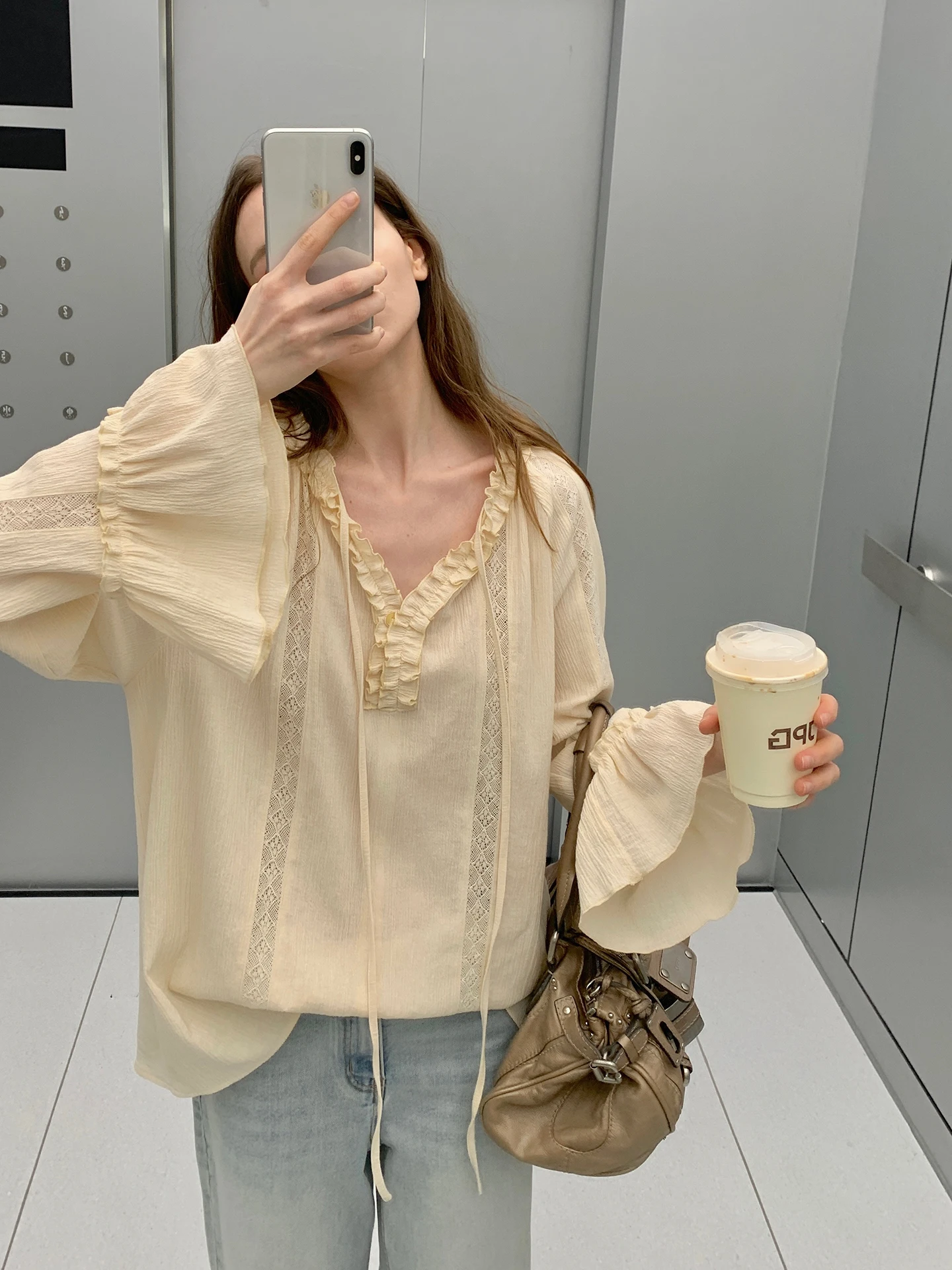 

Bohemian Style Lace Trim Belted V-Neck Spring Summer Romantic Verona Top Women's Casual Loose Fit Long Sleeve Cotton Shirt