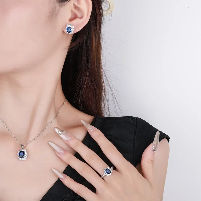 

New S925 silver-plated 18K gold-plated PT950 platinum blue spinel retro temperament three sets 8 * 10-6 * 8