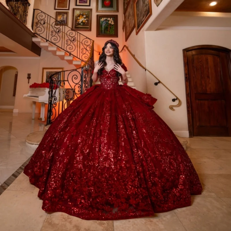 Red Glitter Quinceanera Dresses Off Shoulder Ball Gown Sweet 16 Dress Sequin Applique Lace Beads Bow Tull Party Birthday Vestido