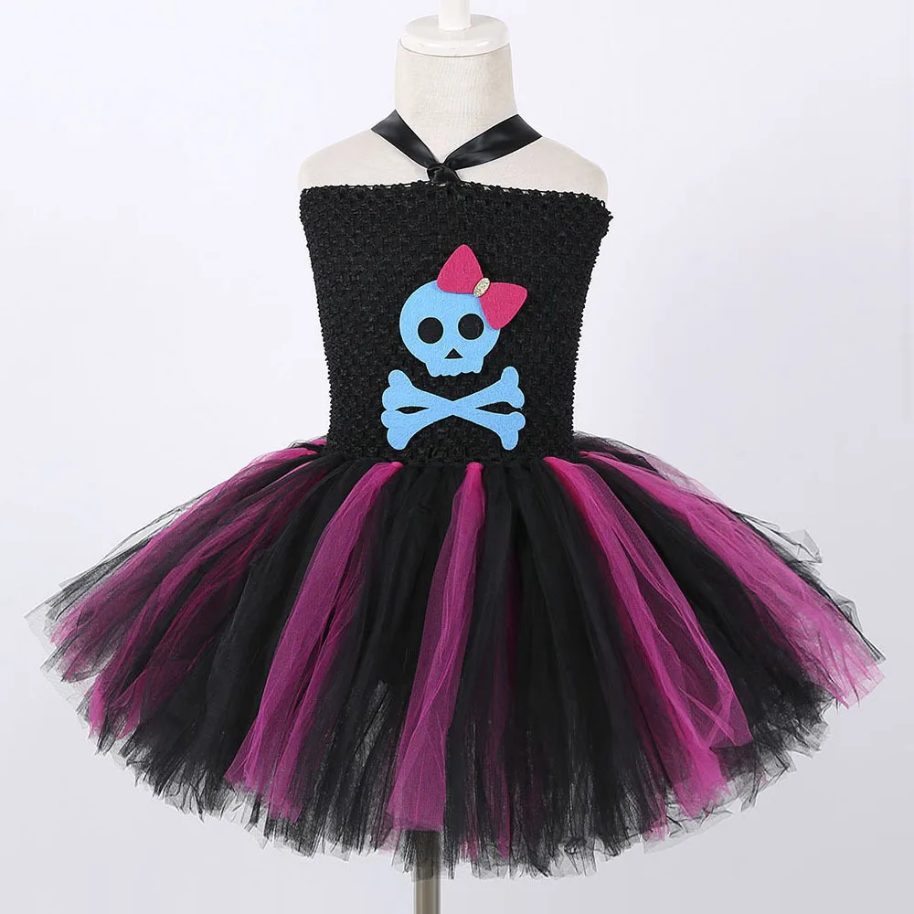 Ghost Skull Halloween Costumes for Girls Scary Skeleton Cosplay Dresses for Kids Carnival Party Tutus Outfit with Witch Hat