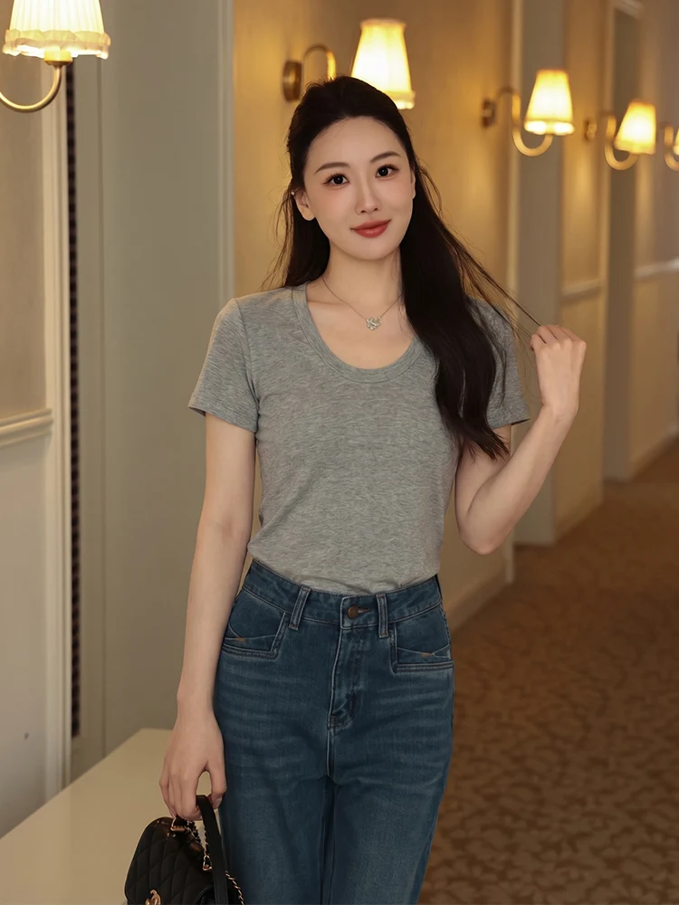

Удобная женская футболка Slim Fit с коротким рукавом, повседневный универсальный летний топ, дышащий, мягкий, приятный для кожи, тонкий, стандартной длины.