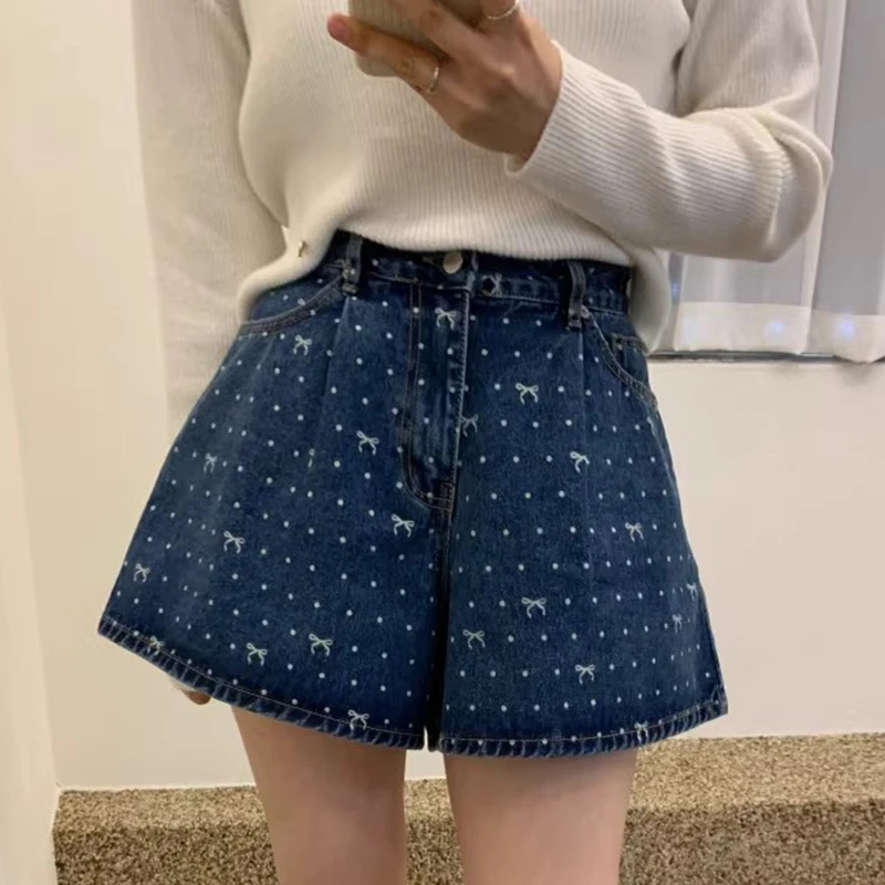 بنطلون جينز نسائي صيفي أنيق مطبوع عليه نقاط البولكا بخصر عالٍ وواسع الساق شورتات جينز نسائية بعقدة على شكل فراشة ملابس متعددة... #5