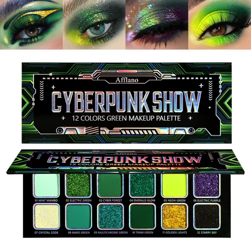 Paleta de sombras de ojos verdes multicromadas, paleta de sombras de ojos con brillo verde que cambia de color, sombra de ojos cromada mate verde bosque oscuro Ma