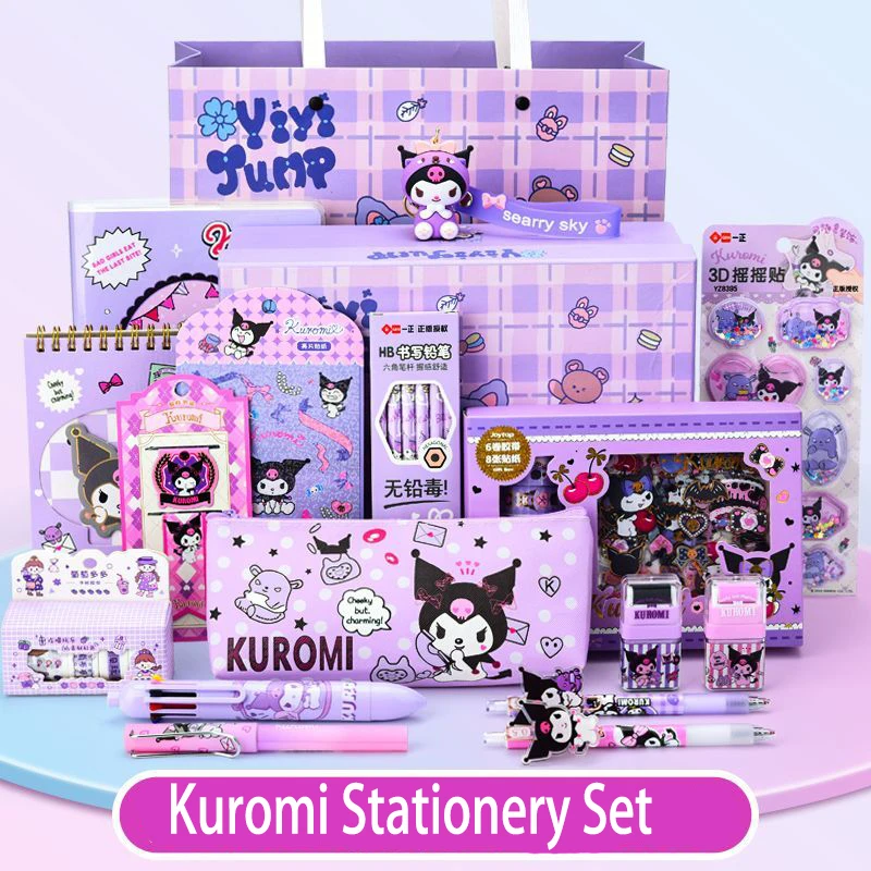 Kawaii Sanrio Kuromi Stationary Set Book Ruler Pen Eraser Key Chain Child School Student Study Supplies Girl Birthday Gift