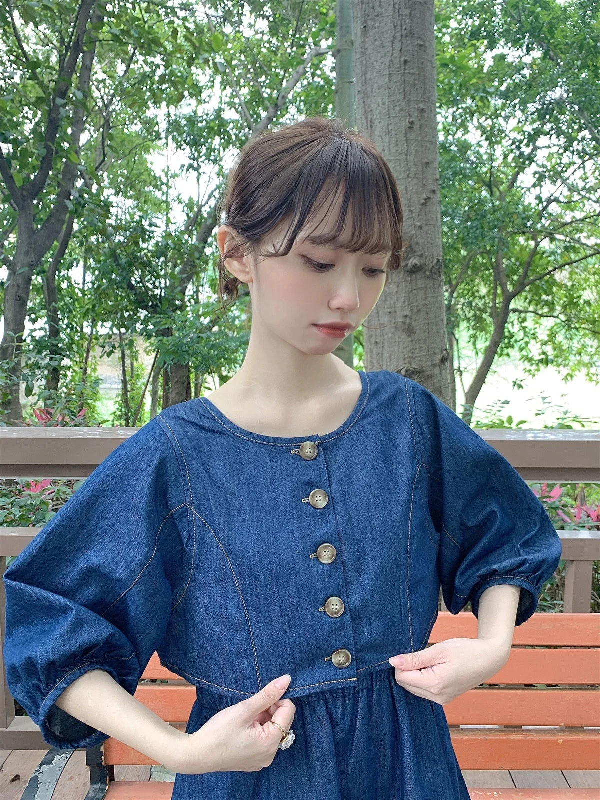 

Brand ANNUUS Cake Skirt Denim Dr 2-Piece Set Sweet Sle High Waist Long Sve A-Line Cotton Gown for Women