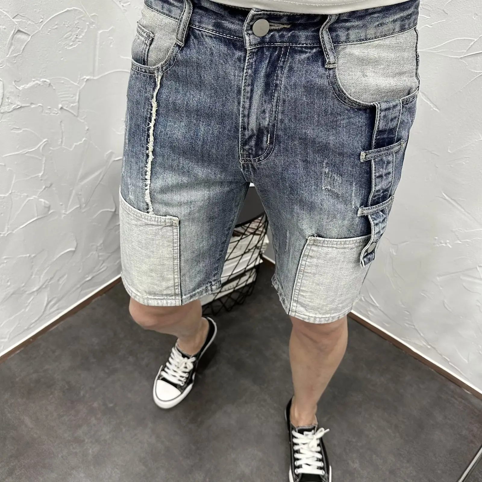 

2023 New Men's Casual Denim Shorts with Multiple Pockets Color Block Summer Trendy Brand Loose Straight Leg Cool Feeling