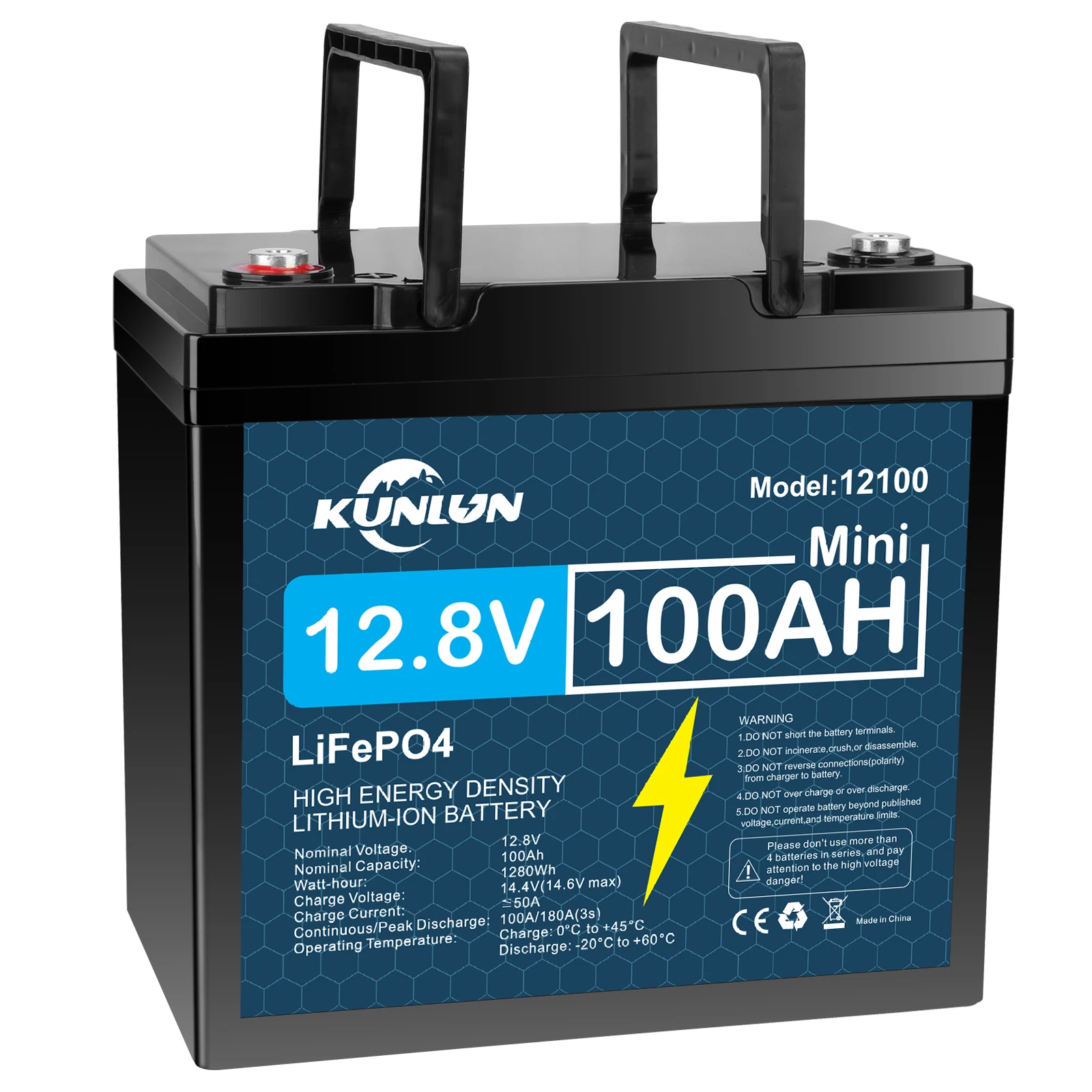

KUNLUN 12V LiFePO4 Battery 100Ah 12.8V Lithium Iron Phosphate Batteries Pack 5000 Cycles BMS IP65 RV Cart Boat Solar Battery