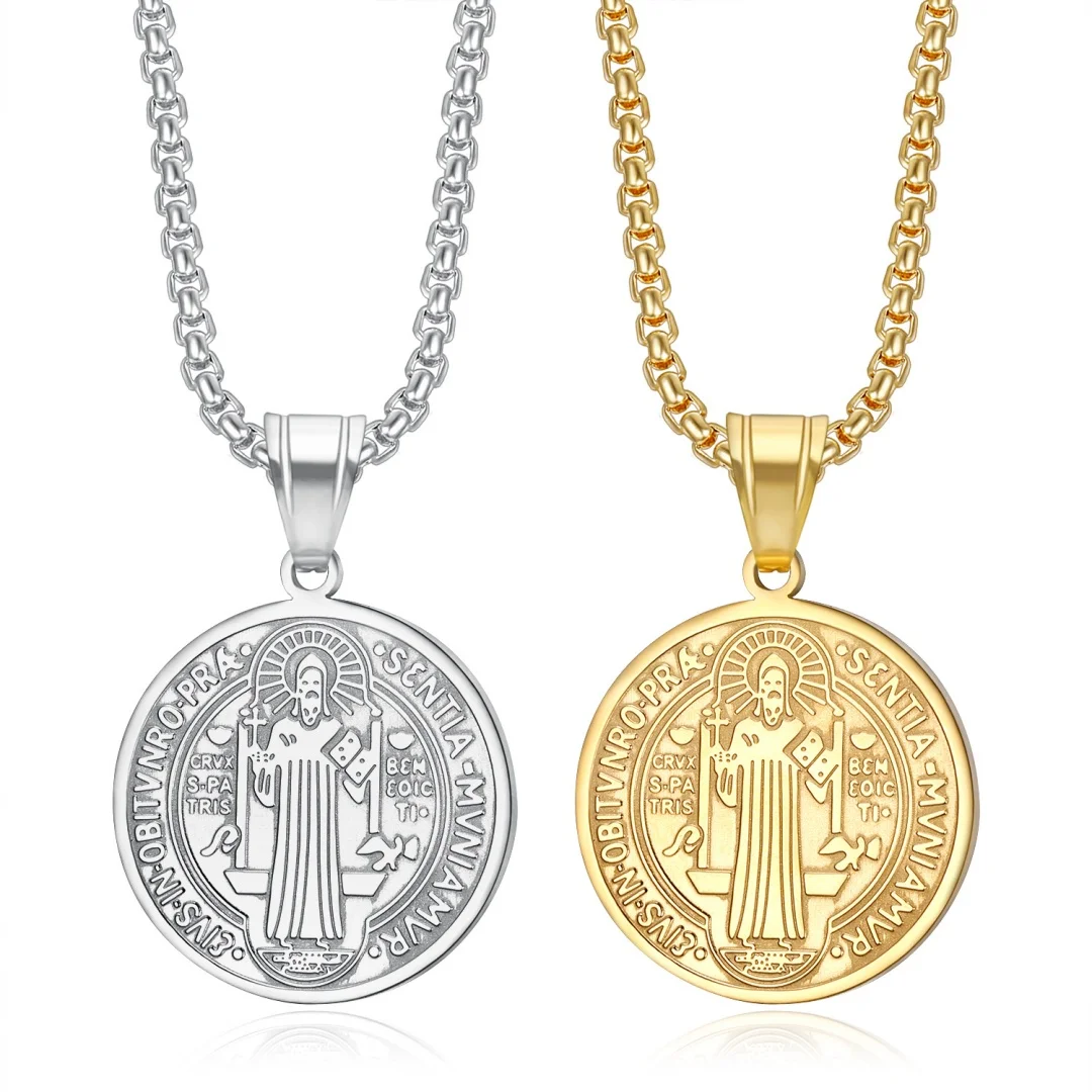 

Religious Saint Benedict Pendant Gold Silver Color Stainless Steel Christian Prayer Faith Round Necklace for Woman Man Jewelry