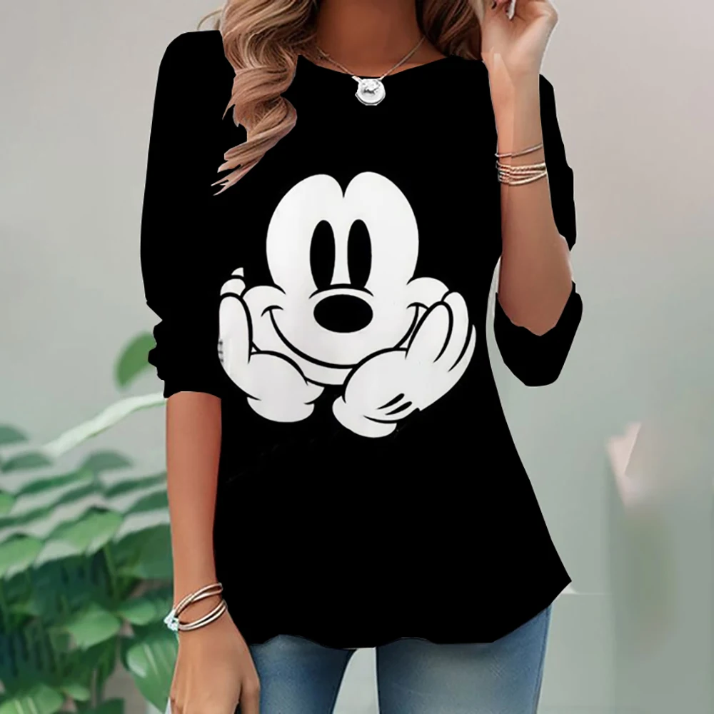 Women's Disney Mickey Mouse print Long Sleeve T-Shirt Casual Crewneck Streetwear Tops Pullover Homewear