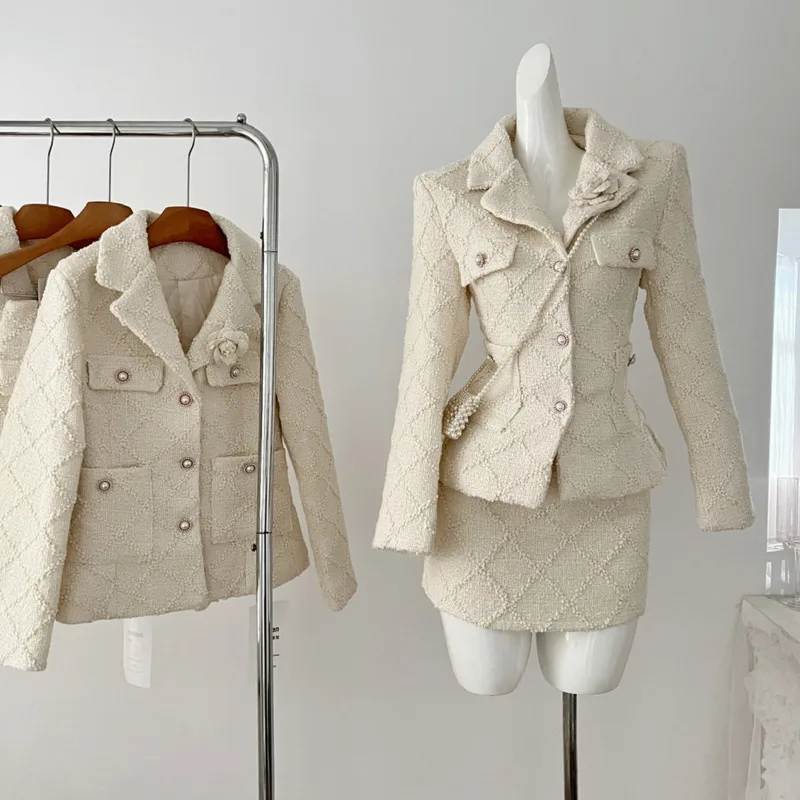 

Women Fashion Jackets Coat Short Skirts Suits 2pcs Outfits Conjuntos Cortos High Quality Brand Designer Tweed Two Piece Set