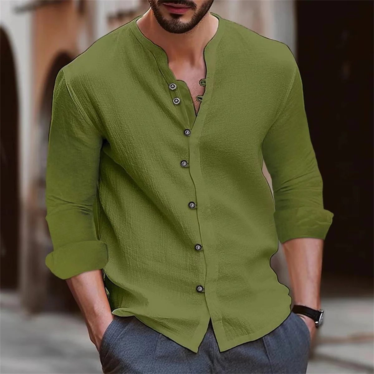 Men\'s Vintage Classic Cotton Hemp Stand Collar Casual Daily Shirt Solid Color Long Sleeve Top Spring and Autumn