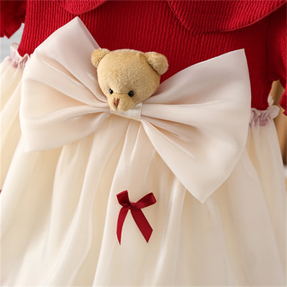 Summer Cute Girl Dress Baby Girl Collar Lace Bubble Sleeve Splicing Cartoon Bear Bow Mesh Princess Dress