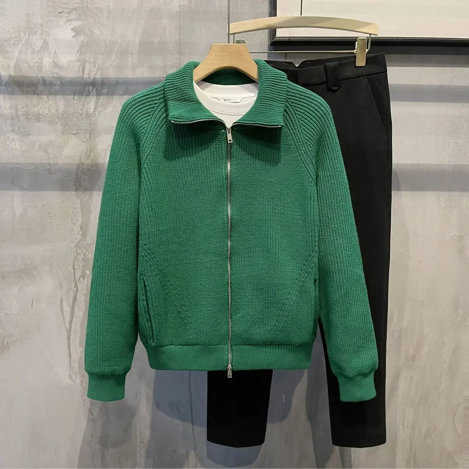 Men\'s Clothing Zip-up Jacket Knit Sweater Male Zipper Plain Green Solid Color Cardigan with Pockets Coat 2025 Trend Loose Fit V