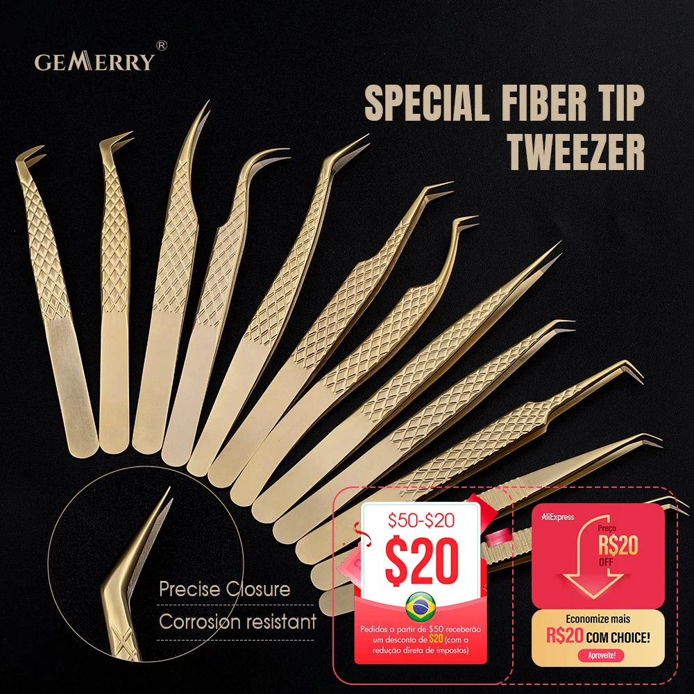 1 Pcs Eyelash Extension Tweezers With Fiber Tips Golden Stainless Steel High Precision Tweezer for Volume Fans Makeup Tools