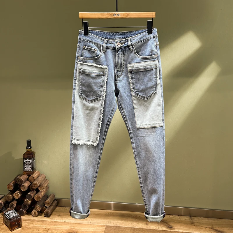 

Italian style fashion new men's jeans stretch slim fit retro washed blue jeans straight leg pants hombre