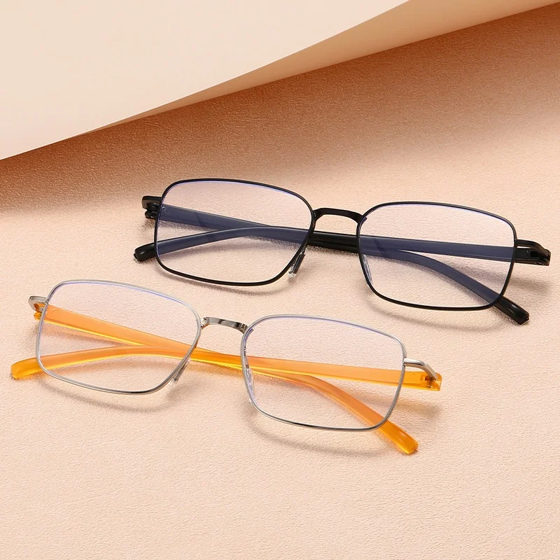 Square Portable Metal Eyeglass Frame for Men, Business Style Reading Glasses for Middle-Aged and Elderly