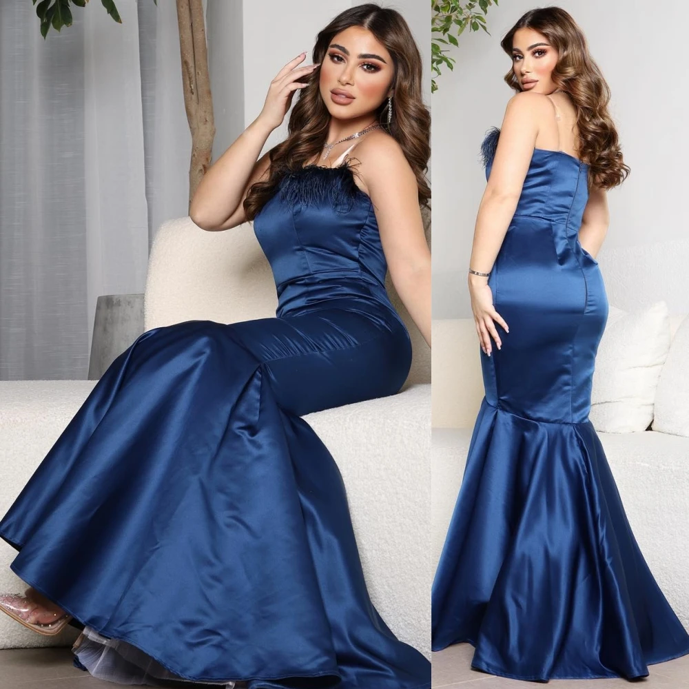 Customized  Evening    Satin Draped Feather Prom Mermaid Strapless Bespoke Occasion Gown Long es